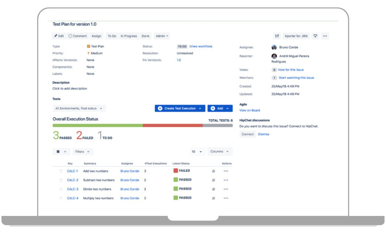 Lassen Sie sich mit der Testmanagement Software eine Tabelle mit allen dem Testplan hinzugefügten Tests anzeigen