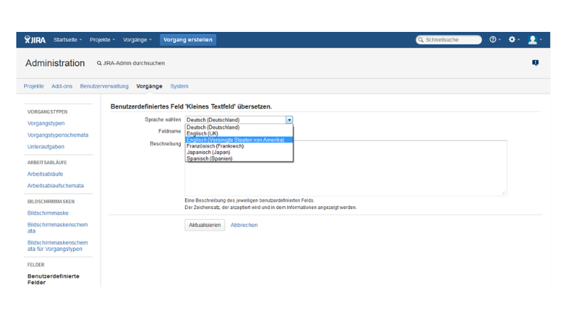 Atlassian JIRA 6 - benutzerdefinierte Felder in mehrere Sprachen übersetzen