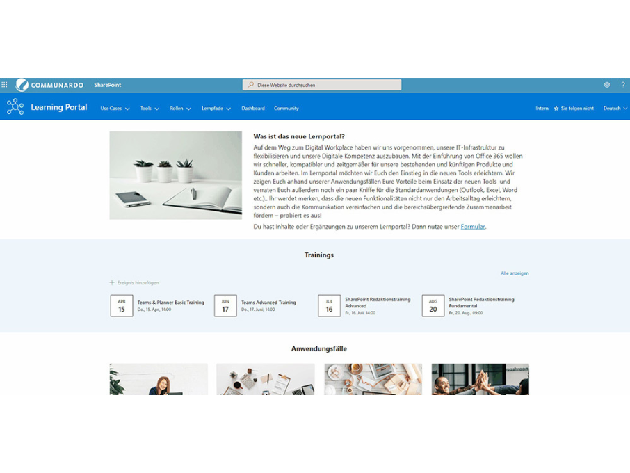 Unternehmen können sich mit out of the box-Mitteln von Microsoft 365 ein Lernportal erstellen, Communardo berät und übernimmt gern die optimale Umsetzung