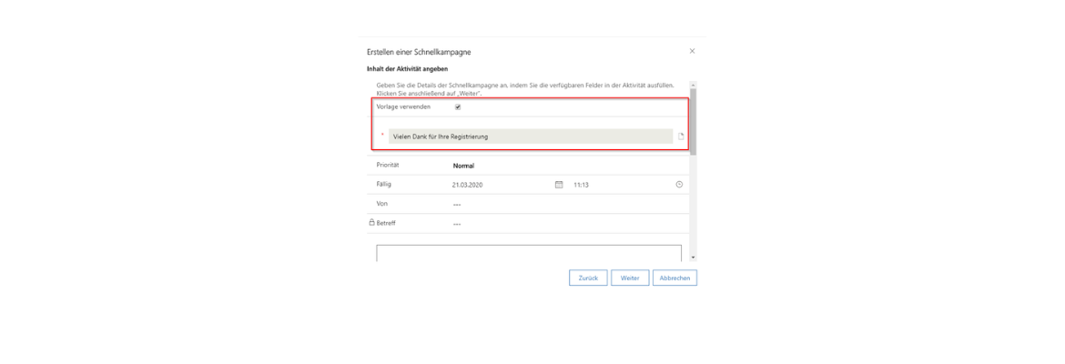 Dynamics 365 E-Mail Schnellkampagnen über Marketinglisten.