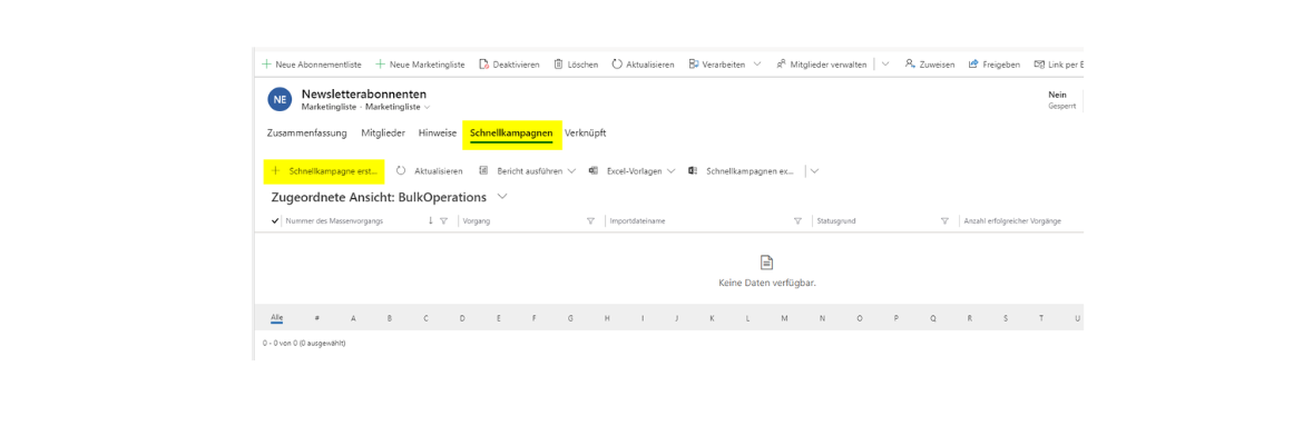 Dynamics 365 E-Mail Schnellkampagnen über Marketinglisten.
