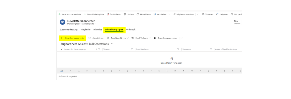 Dynamics 365 E-Mail Schnellkampagnen über Marketinglisten. 