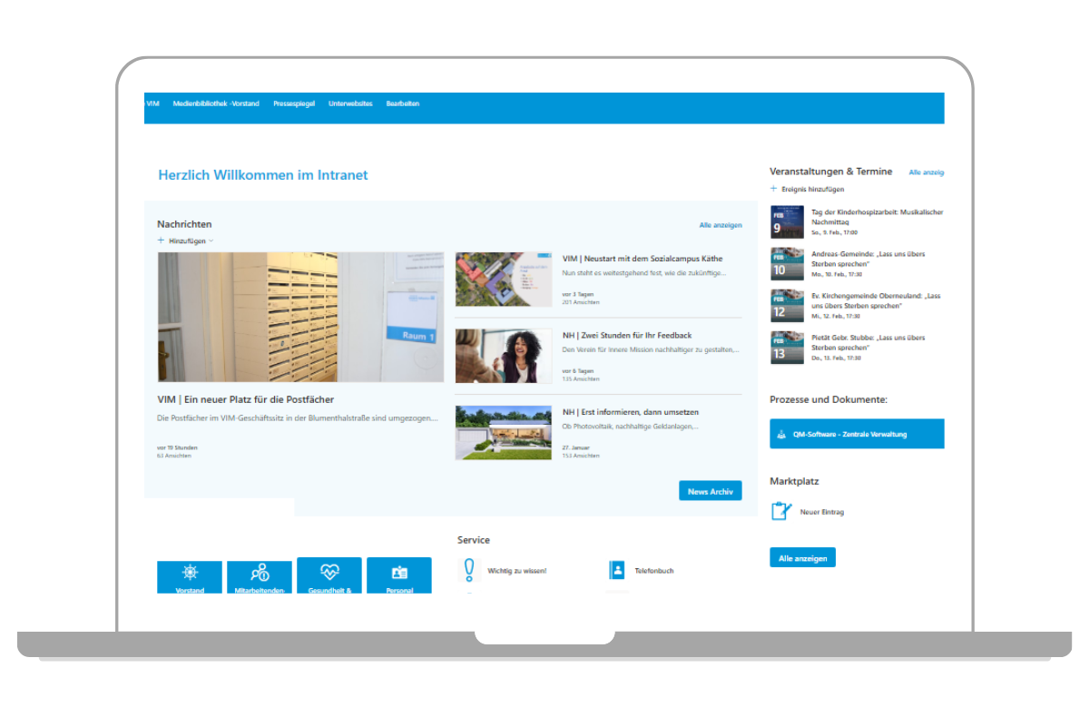 Das Intranet auf Basis von SharePoint online ist übersichtlich und klar strukturiert.