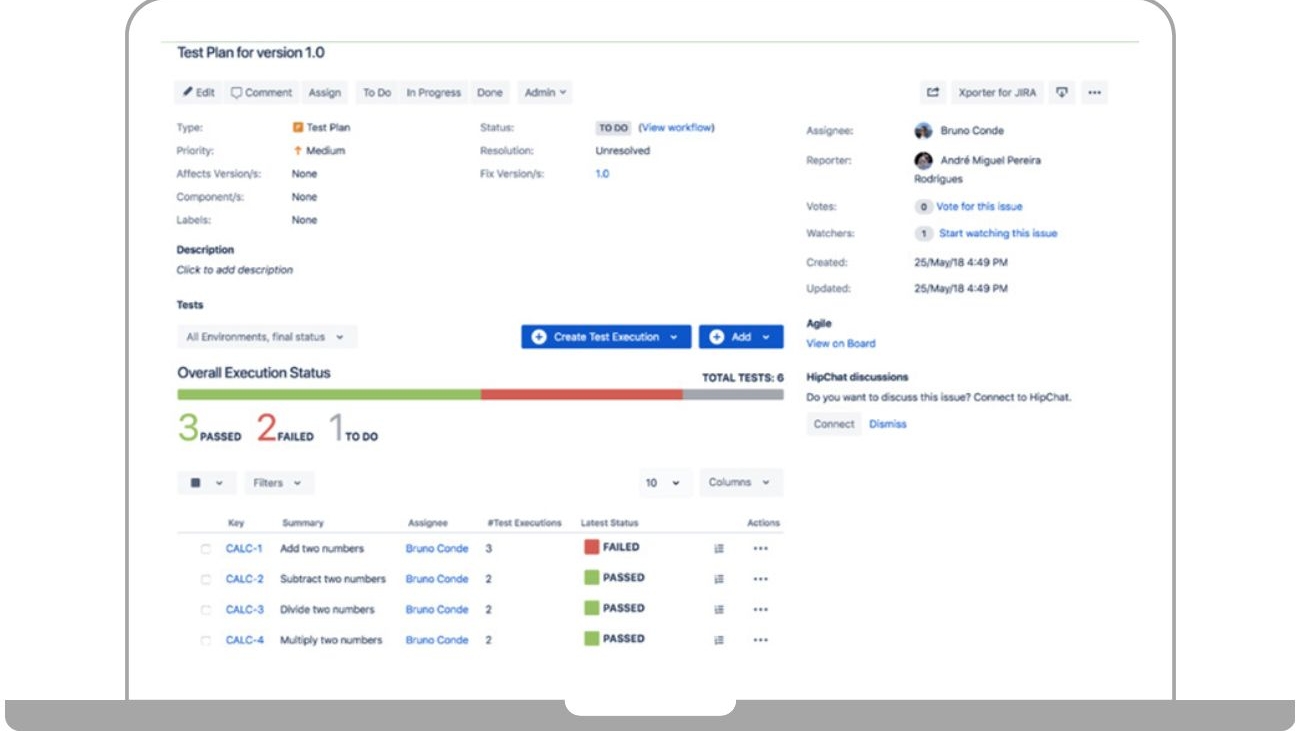 Lassen Sie sich mit der Testmanagement Software eine Tabelle mit allen dem Testplan hinzugefügten Tests anzeigen