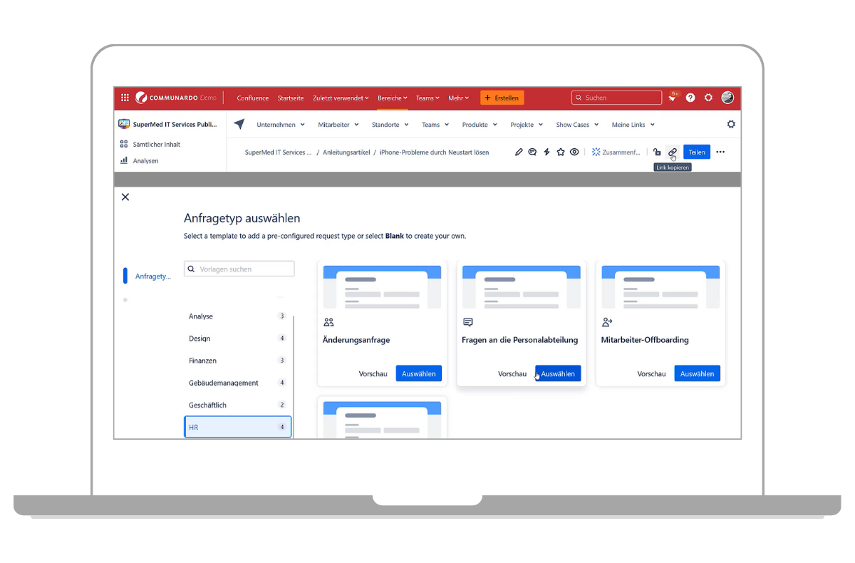 Neue Anfragetypen und Sharebutton in Atlassian Confluence