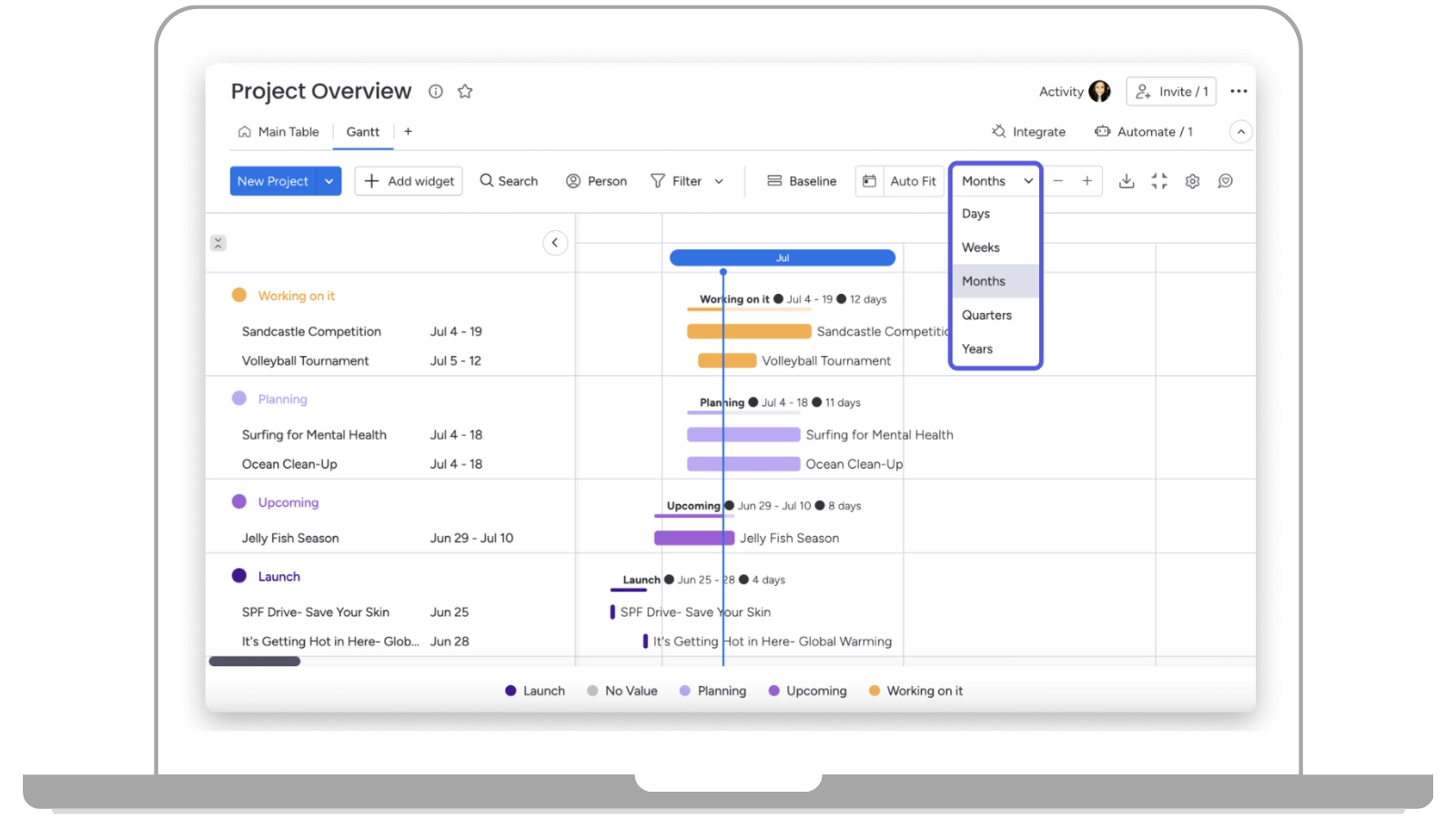 Das monday Work Management bietet über 27 Projektansichten zur Ansicht Ihrer Aufgaben, darunter auch ein Gantt-Diagramm