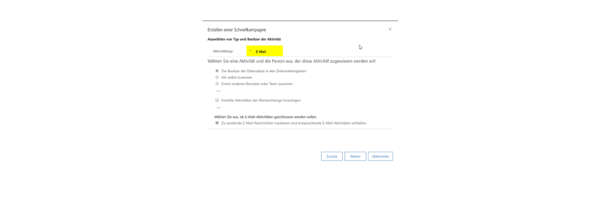 Dynamics 365 E-Mail Schnellkampagnen über Marketinglisten.