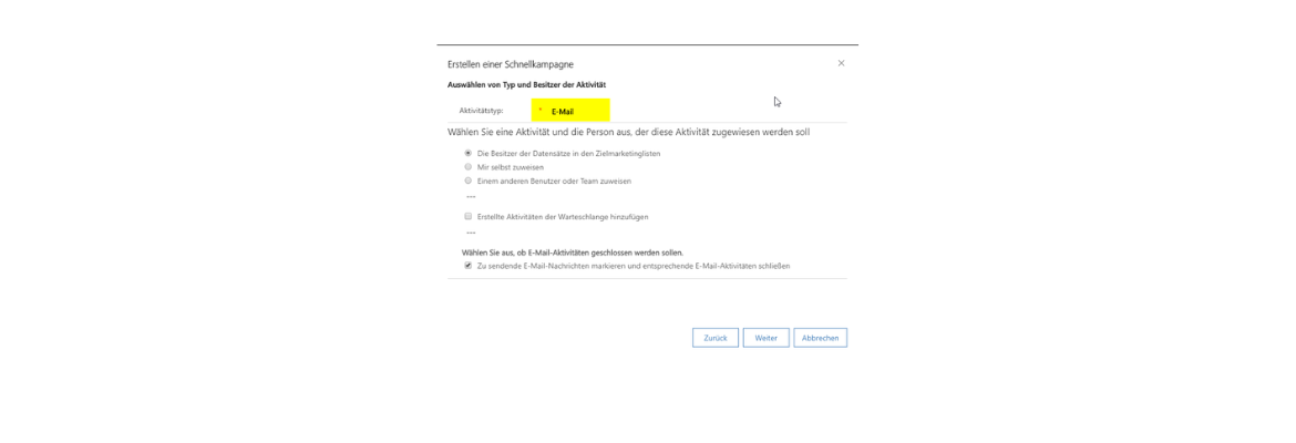 Dynamics 365 E-Mail Schnellkampagnen über Marketinglisten. 