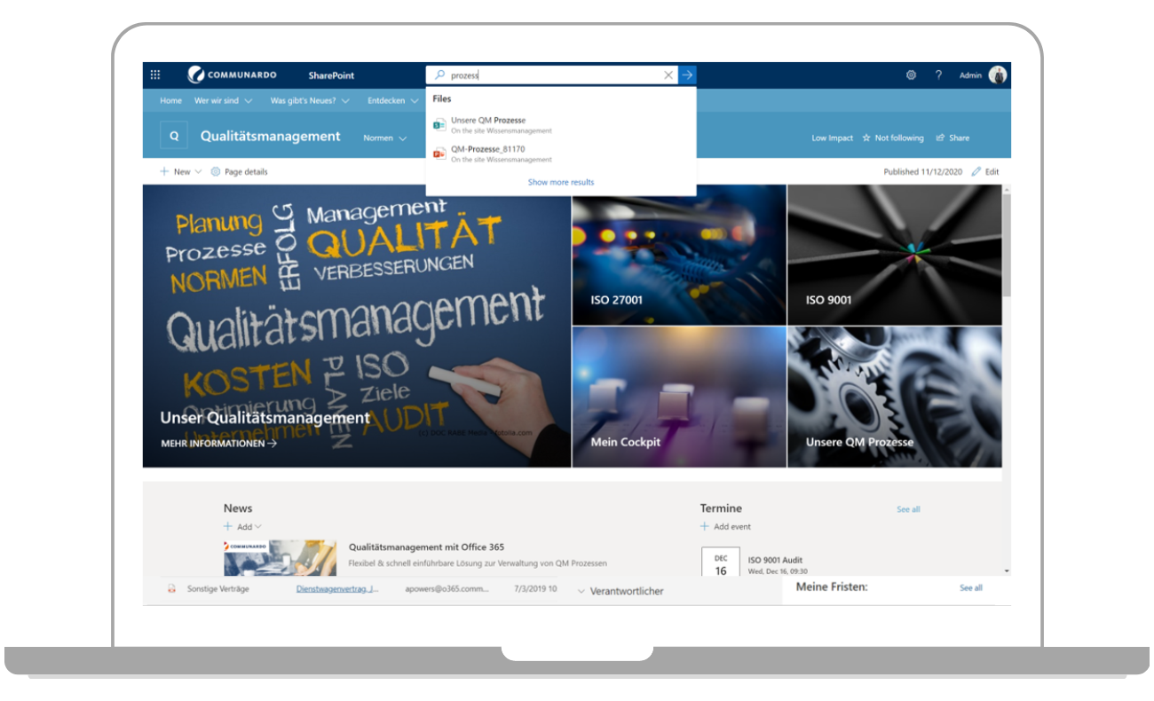 Eine umfangreiche Volltextsuche in der Qualitätsmanagement Lösung mit Microsoft 365.