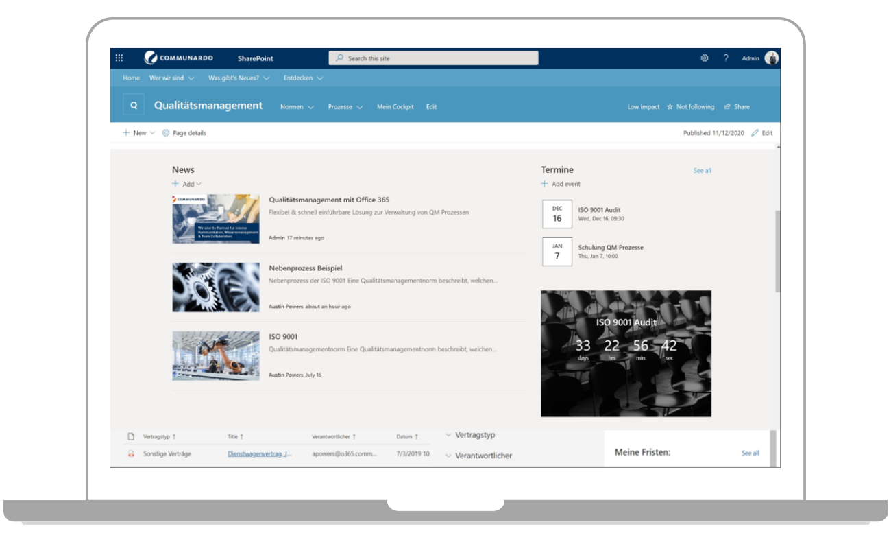 Individuell anpassbare Startseite mit der Qualitätsmanagement Lösung Microsoft 365