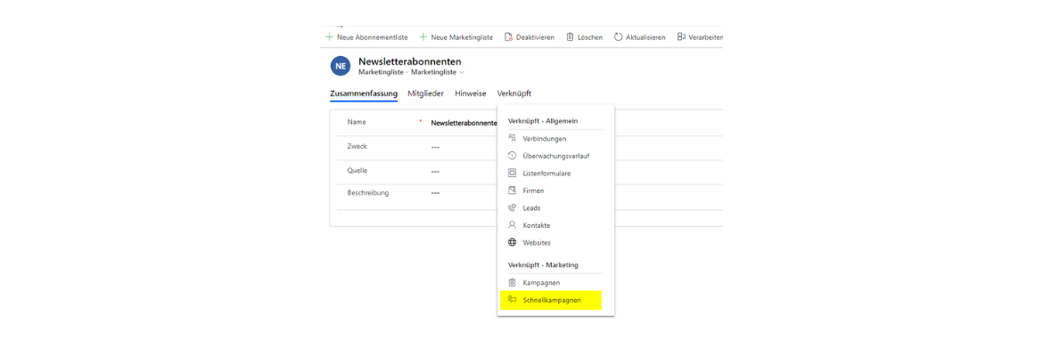 Dynamics 365 E-Mail Schnellkampagnen über Marketinglisten.