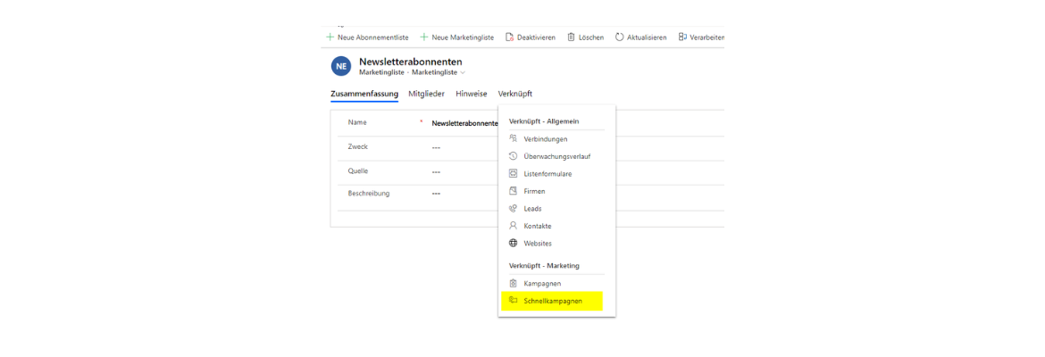 Dynamics 365 E-Mail Schnellkampagnen über Marketinglisten. 