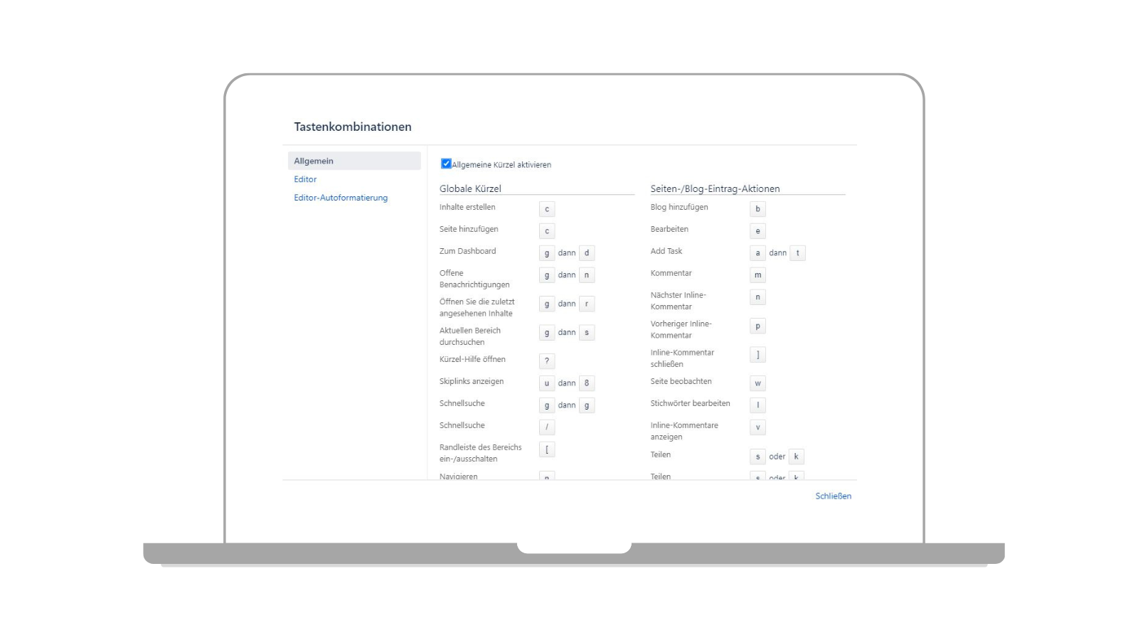 Übersicht aller Shortcuts in Confluence