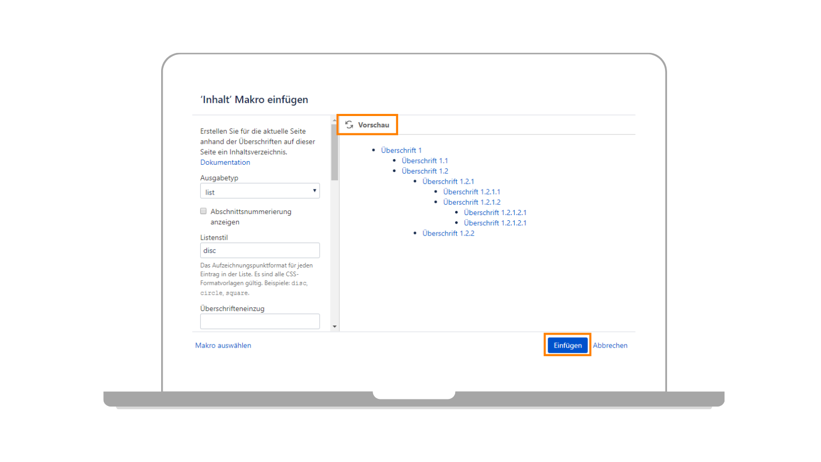 Confluence Inhaltsverzeichnis konfigurieren