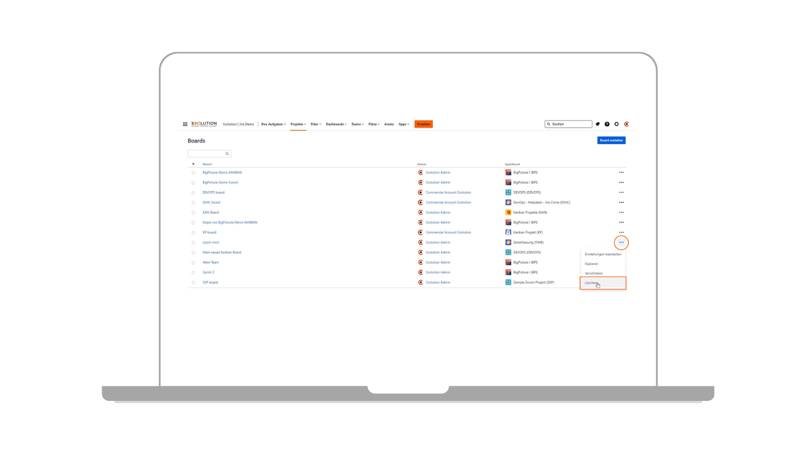 Über die drei Punkten löschen Sie das Board