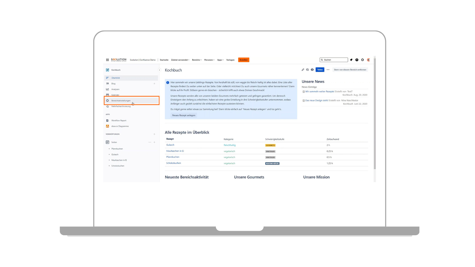 Die Bereichseinstellungen in Confluence öffnen