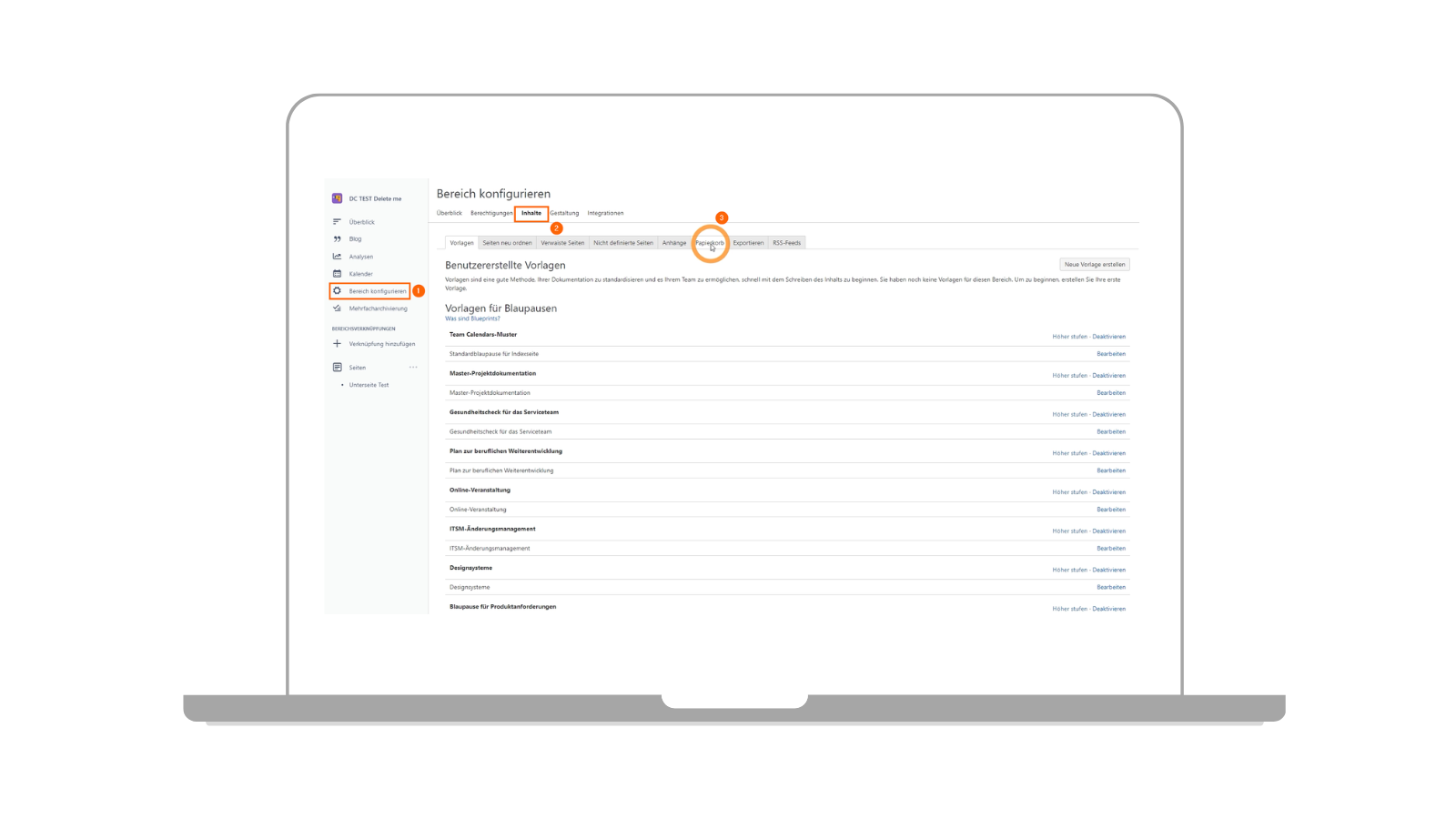 Menüpunkt zum Öffnen des Papierkorbs