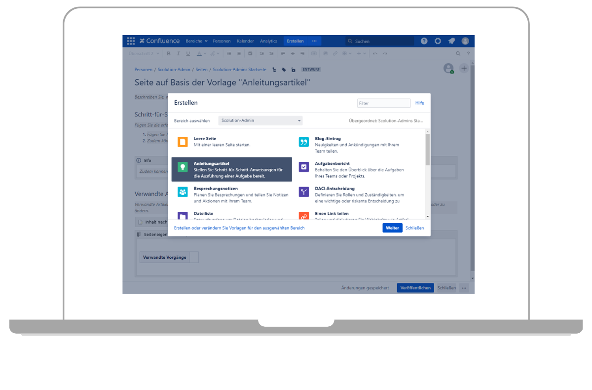 Nutzen Sie die Seitenvorlagen von Confluence für eine schnelle und standardisierte Formatierung neuer Seiten