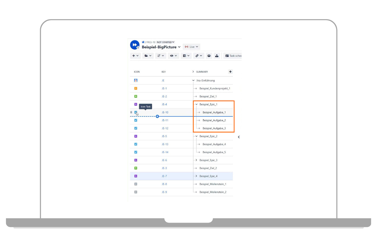 Gantt Ansicht ohne Vorgangshierarchien