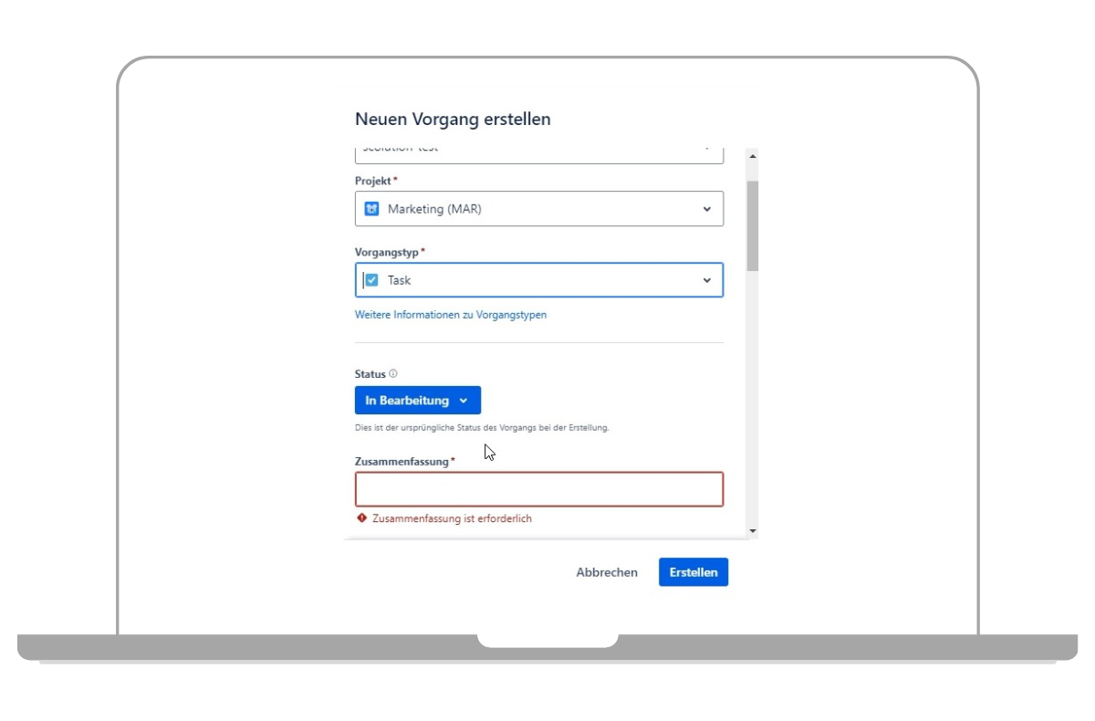 Popup neuer Jira Vorgang konfigurieren