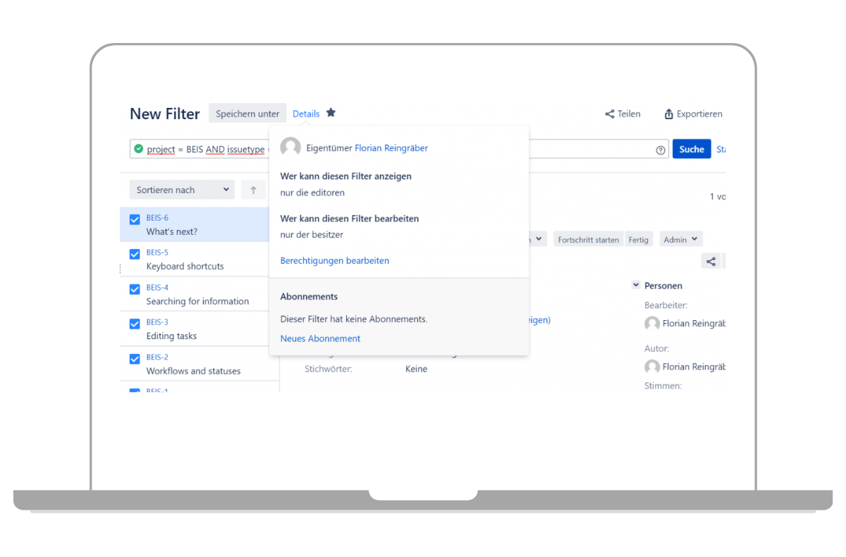 Berechtigungen und Eigentümer eines Jira Filters ändern