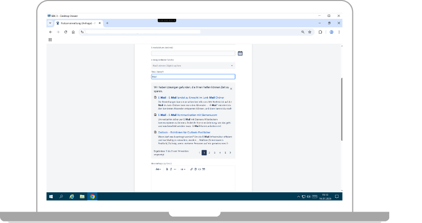 Ergebnisse aus der Knowledge Base beim Erstellen eines Tickets
