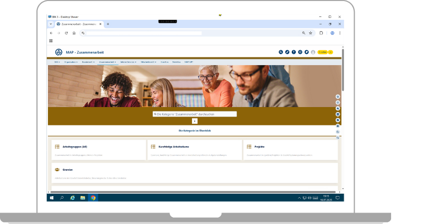 Hauptseite im Mitarbeiterportal als Einstieg zu den Wissensseiten