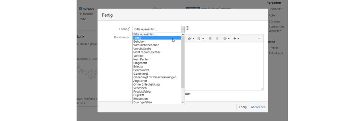 Atlassian JIRA Lösungsfeld alle Optionen