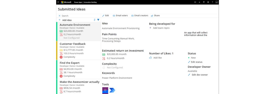 Innovation Components. Hier gibt es nur eine App - das Innovation Backlog